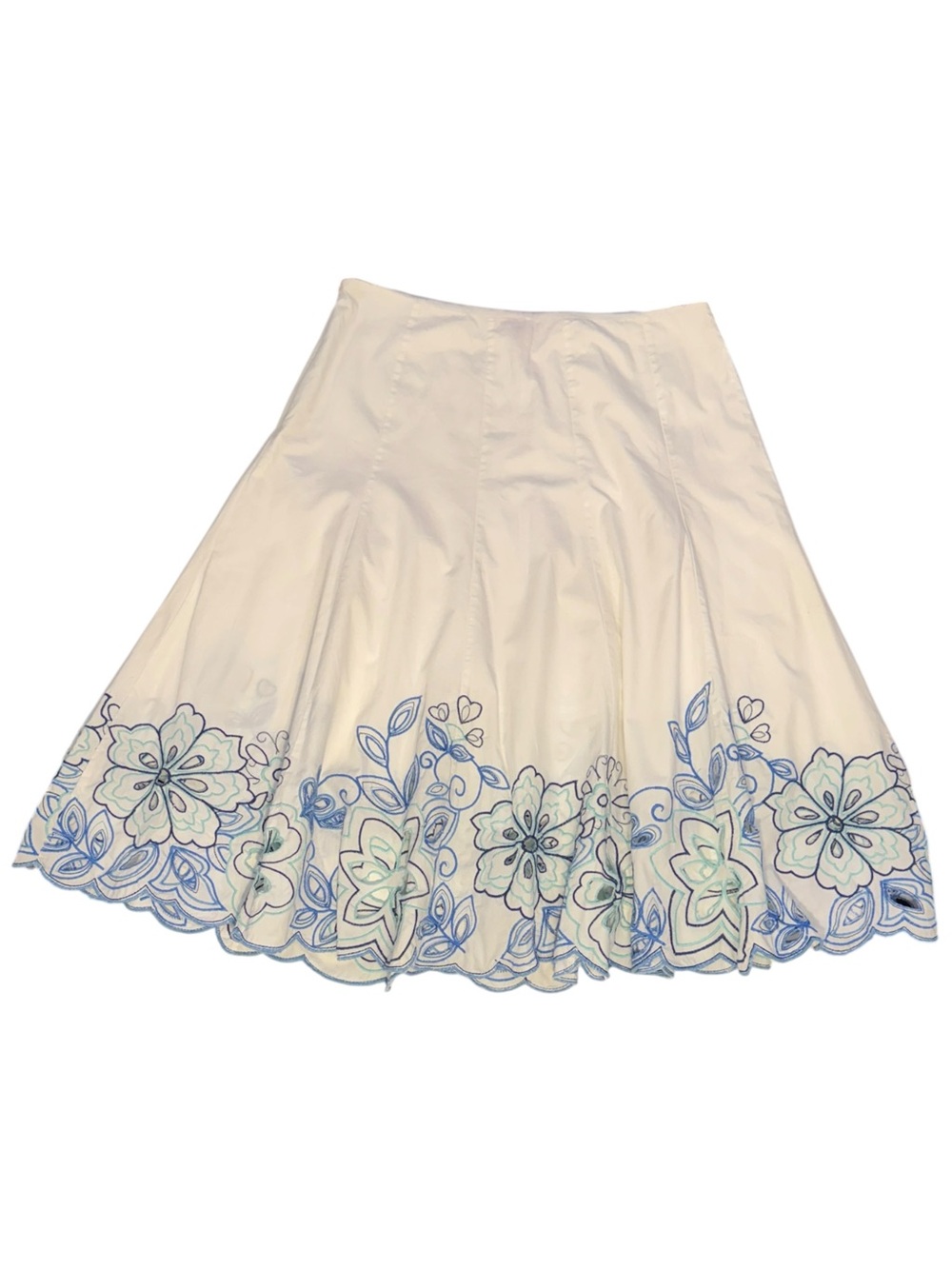 Sz 10 Sunny Leigh Cotton White + Blue Lined Midi Skirt Embroidery